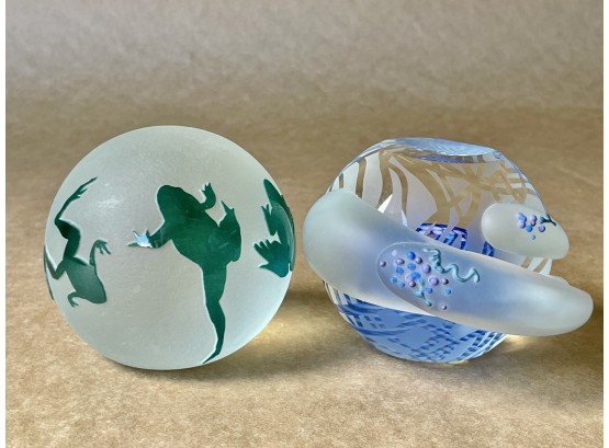 Glass Art Paperweights, One Is Signed & Numbered