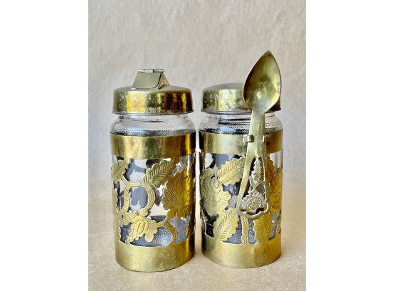 Antique Brass & Glass Condiment Containers