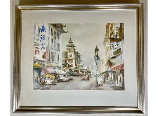 Signed Mid Century Watercolor Of Chinatown By Geoffrey Jenkinson