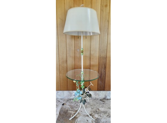 Vintage Tole Floral Floor Lamp With Attached Glass Table