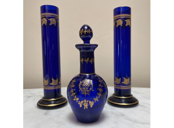 Bohemian Cobalt Blue Glass Candle Sticks & Perfume Bottle