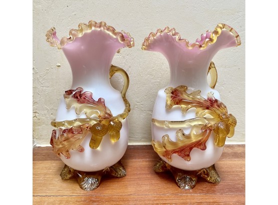 Victorian Peach Blown Amber Crest Ruffled Edge Oak Leaf Pattern Vases