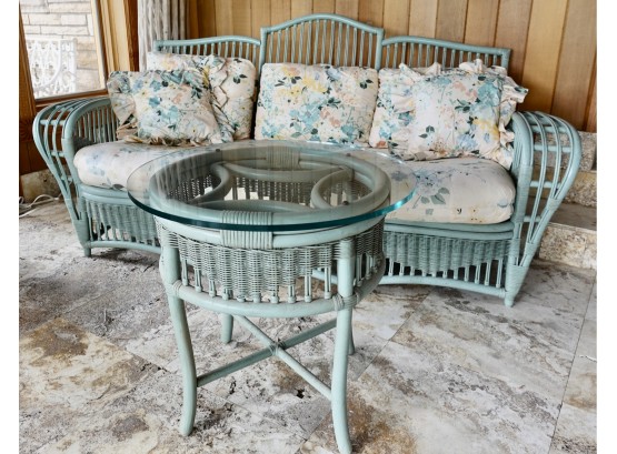 Vintage Rattan Stick Wicker Sofa With Glass Top Side Table