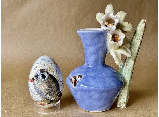 Handmade Ceramic Vessel And Paper Mache Egg With Racoon