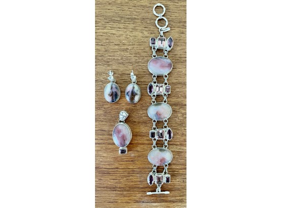 Sarda Sterling And Stone Bracelet, Pendant, & Earrings