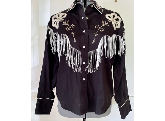 Women's Large Tru West Rockmount Ranch Wear Western Shirt With Tassles, Embroidery, & Pearl Buttons