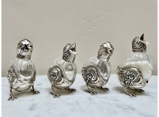 Sterling Glass Salt And Pepper Shakers In A Bird Motif