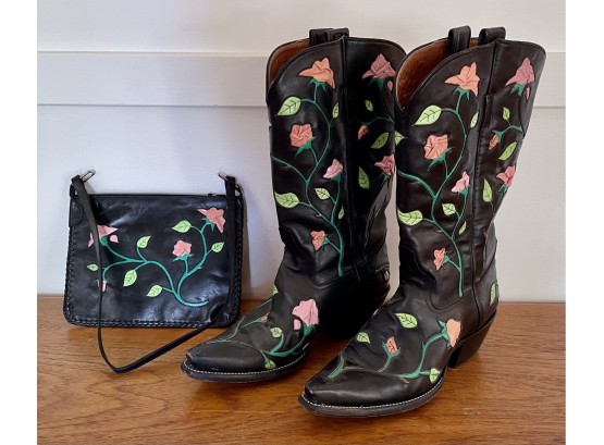 Custom Made Leather Rocket Buster Women's Western Boots With Matching Purse.