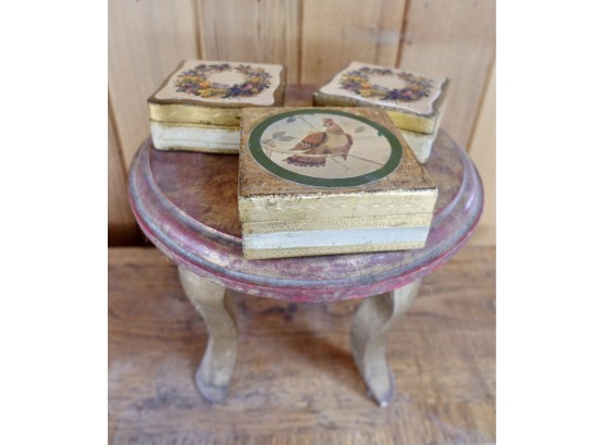 3 Florentine Made In Italy Wooden Boxes And Footstool