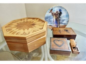 Wooden Inlay Boxes, Native American Plate, And Miniture Banjo
