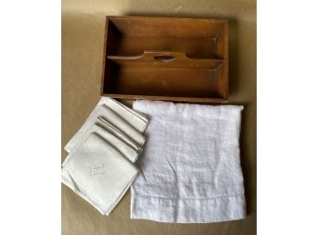 Wooden Serving Box With Linens Including Monogramed Napkins & Table Cloth
