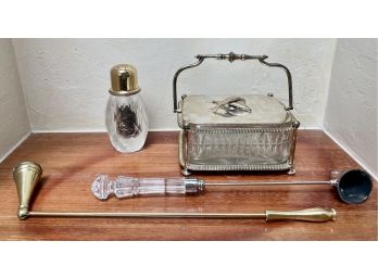 Silverplated Box, Candle Snuffers (One Is Waterford) And Pepper Ginder