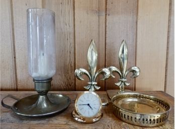 Assorted Brass Bookends, Coasters, Clock & More
