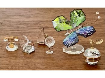 Swarovski Crystal Telephone, Globe, Phonograph, Sailboat, & Apple With Unidentified Butterfly