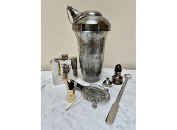 Assorted Barware, Including Silver-plate Shaker, Flask And More