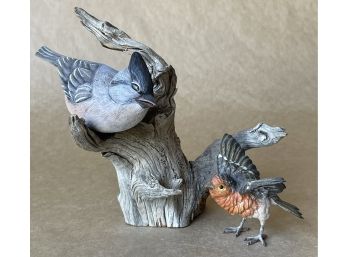 One Metal And One Carved Wood Bird Figurine