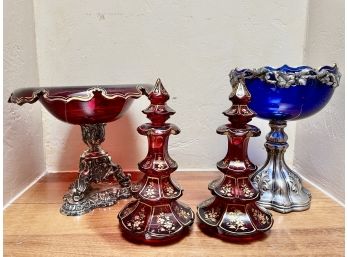 Antique Bohemian Ruby And Cobalt Compote Dishes & More