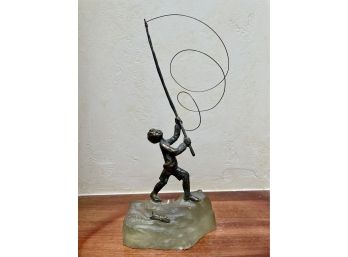 Fine 'Fishing Boy' Bronze Art By Bouchard 1969 368/900