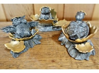 Signed Ricker Pewter Hatching Turtle, Owl And Frog
