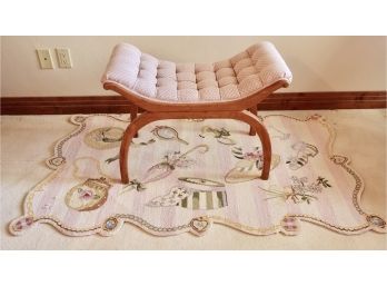 Nicely Upholstered Antique Maple Settee Bench With 100 Wool Whimsical Rug