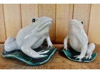 Set Of Ceramic Glazed Frogs On Lilly Pads