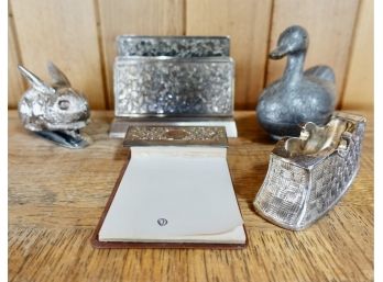 Silver Plate Desk Items, Including Stapler, Tape Holder And More
