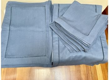Navy Blue Linen Hemstitch Runner With 12 Placemats And 18 Napkins