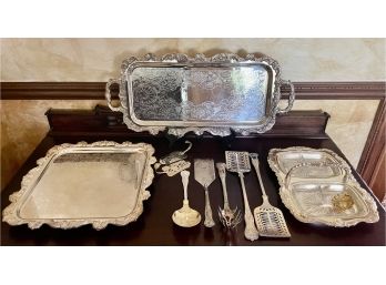 Assorted Silverplated Platters, Serving Utensils, & Tray