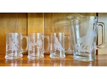 Etched Rodeo Pitcher With 3 Mugs