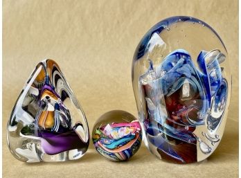 Set Of 3 Art Glass Marked Paperweights