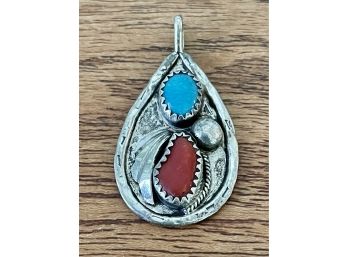 Sterling, Turquoise, And Coral Signed Native Pendant