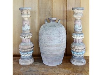 2 Carved Wood Candle Sticks With A Ceramic Jug
