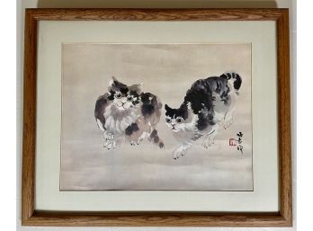 Signed Japanese Watercolor Matted With Wood Frame