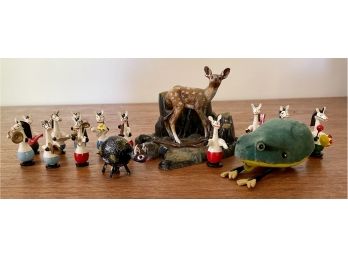 Vintage Schuco Wind Up Frog, Italian Feri Wood Horses, Bobble Head Steer, &  Aurora Plastic Deer