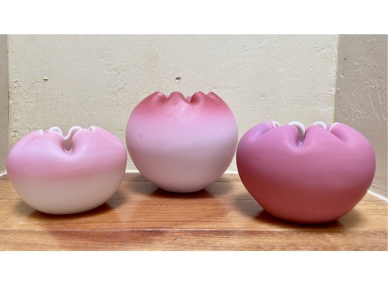 3 Pink Satin Glass Vases