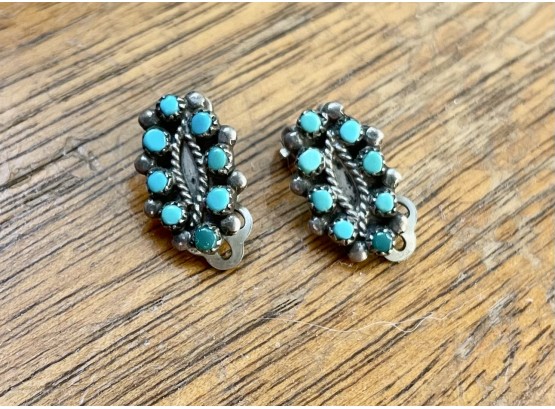 Sweet Little Vintage Sterling Petit Point Turquoise Clip Ons