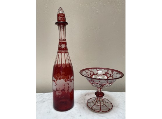 Glass Decanter And Footed Dish With Grapevine Motif