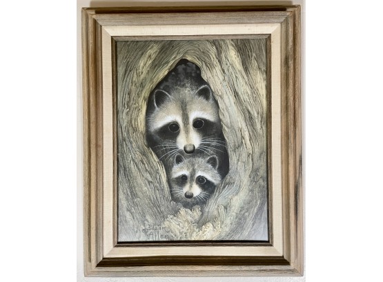 Signed Framed Print By Susan Allen, Raccoons In A Tree