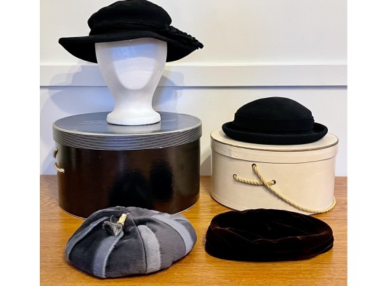 4 Vintage Hats And 2 Vintage Hat Boxes