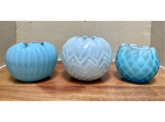 3 Blue Satin Glass Vases