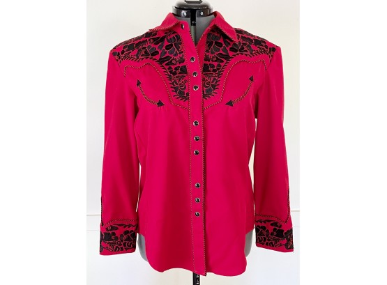 Women's Red Western Shirt With Black Embroidery & Pearl Snaps