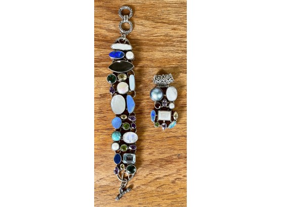 Amazing Matching Sterling Bracelet & Pendant With Semiprecious Stones