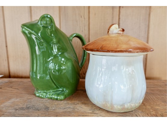 Whimsical Ceramic Frog Pitcher & Mushroom Jar