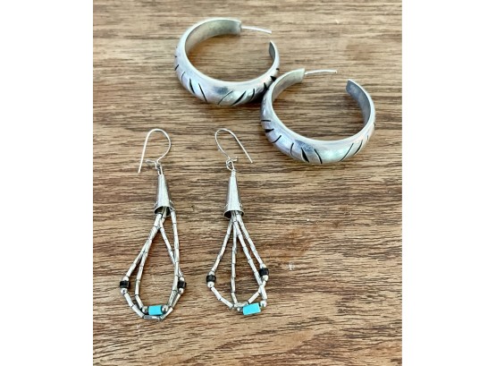 Sterling Native Style Hoops & Liquid Silver/turquoise Earrings