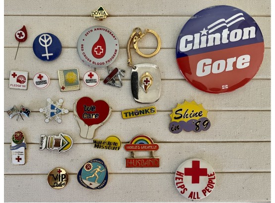 Vintage Pins Including Political, Red Cross, Ski, & More