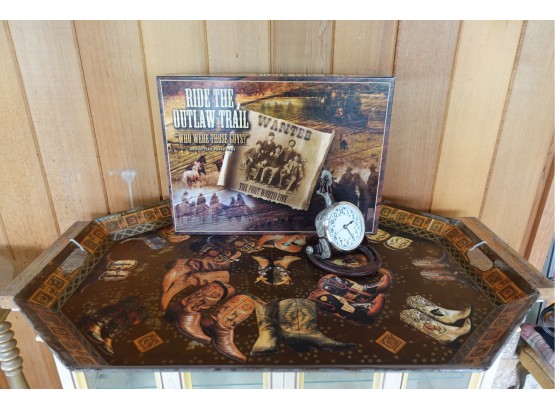 Western Themed Horseshoe Clock, Board Game, & Large Metal Tray
