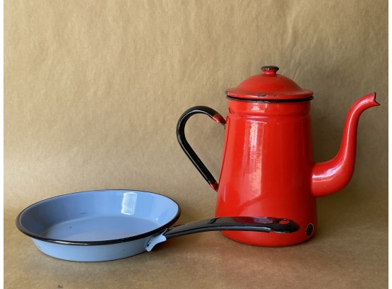 Cast Enamel Vintage Coffee Pot And Frying Pan
