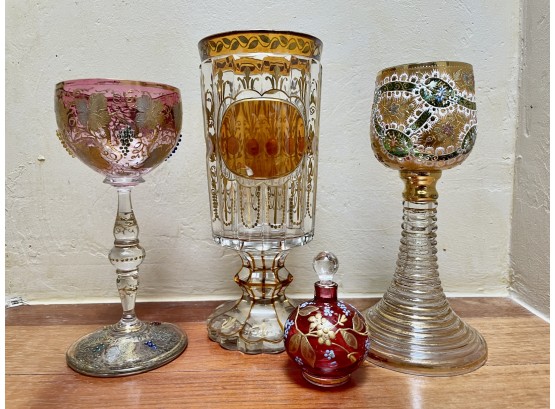 Painted Bohemian Goblets And Perfume Bottle