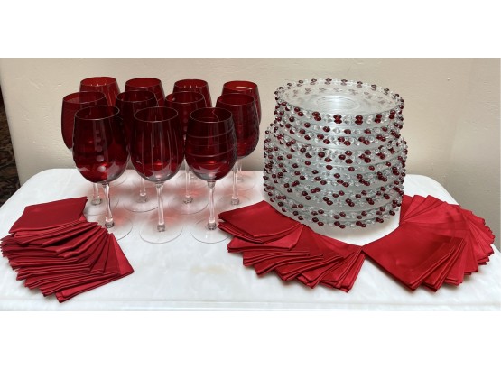 Red Festive Stemware With Beaded Plates And Napkins