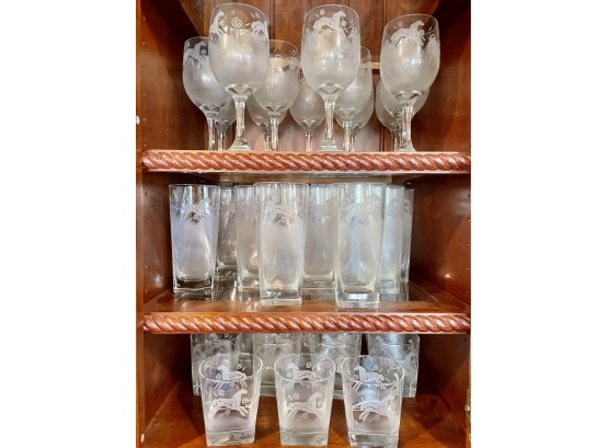Set Of Etched Bar Glasses With Western Theme